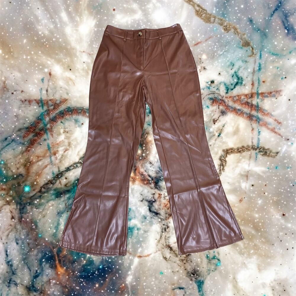 SHEIN SXY Brown PU Faux Leather High Rise Wide Leg Seamed Flare Pants L 8 10
